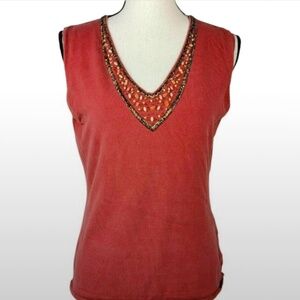 Women’s Style & Co Rust Colored Sleeveless Beaded V Neck Knit Top  Size L